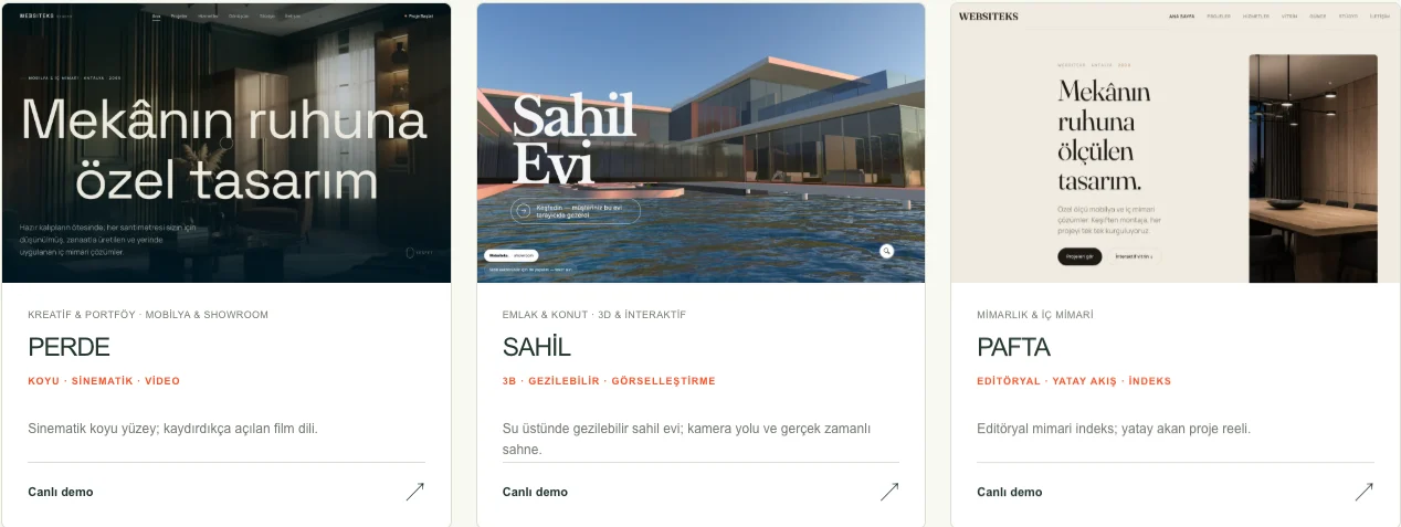 Websiteks tasarım vitrinindeki PERDE, SAHİL ve PAFTA önizlemeleri.