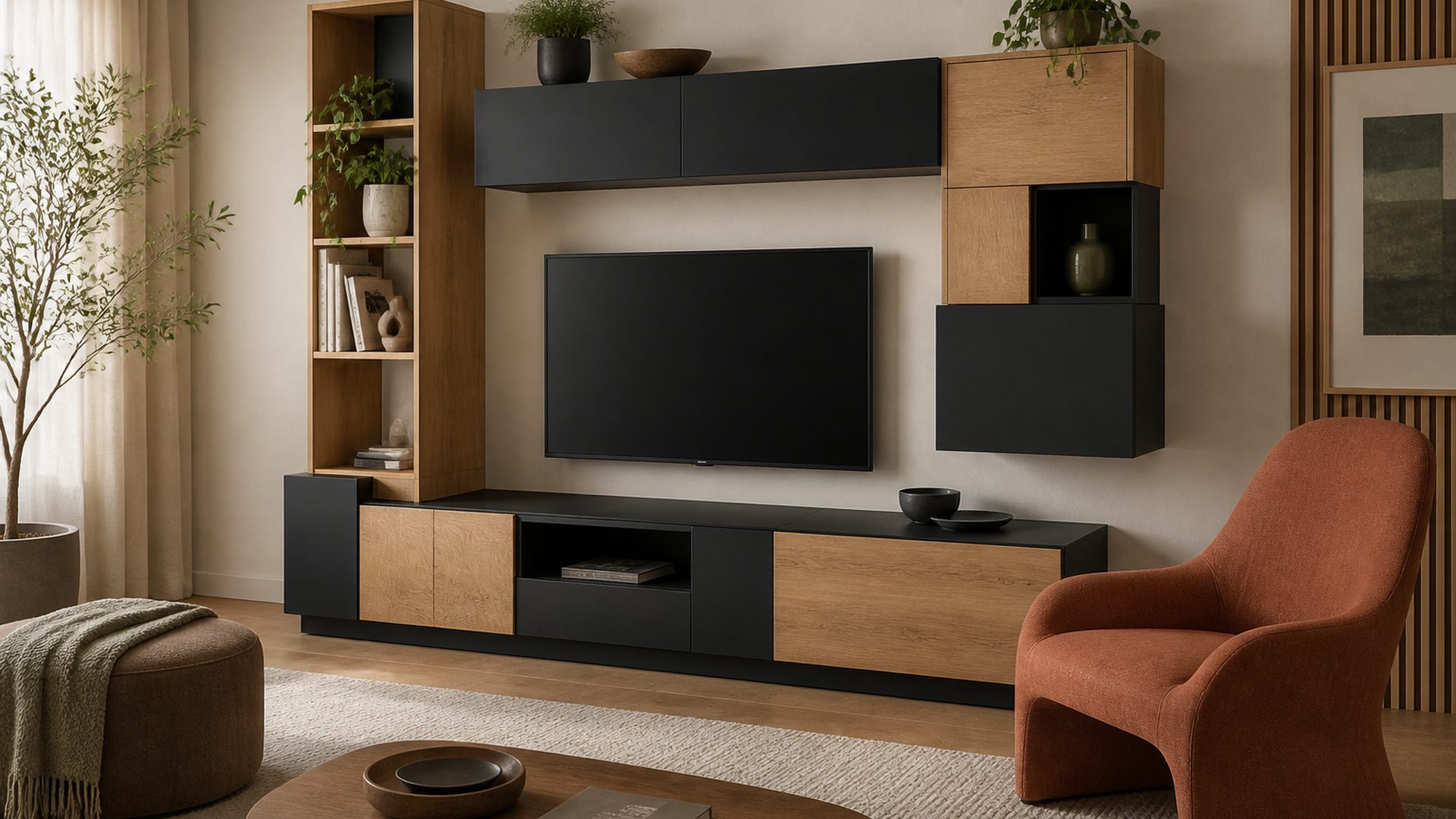 Özel tasarım TV ünitesi ve salon detayı