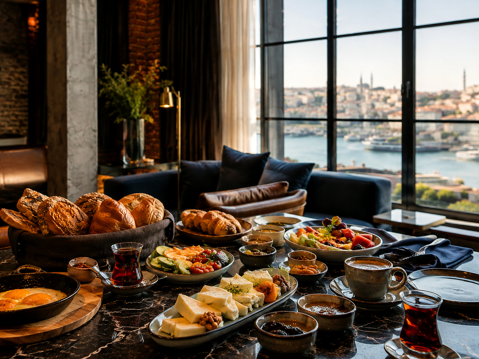 Haliç manzaralı masada peynirler, sıcak yumurta, ekmek ve küçük tabaklarla hazırlanmış kahvaltı