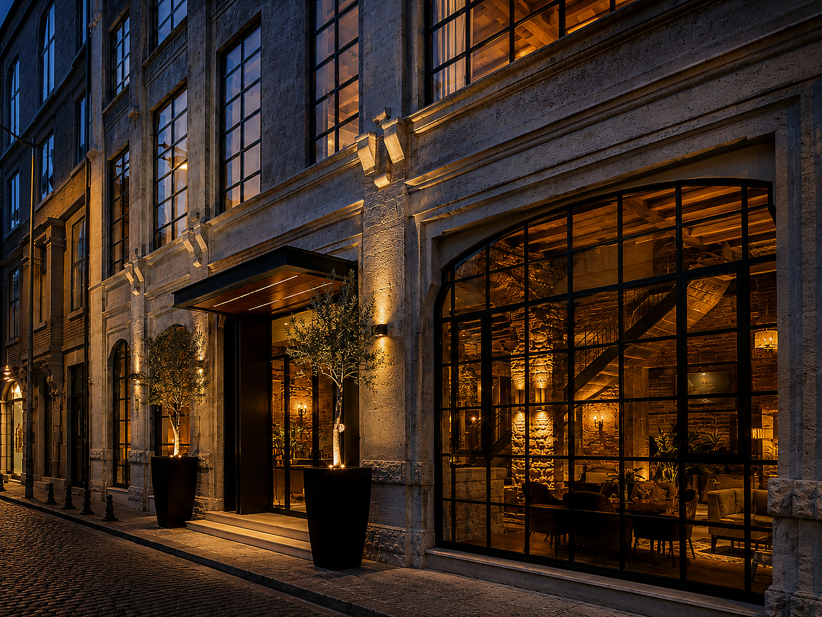 Akşam ışığında otel girişi ve araçla bırakmaya uygun sakin sokak cephesi