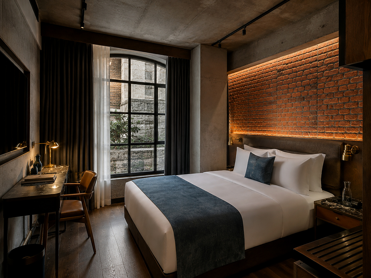 Geniş yatak, oturma köşesi ve yüksek pencerelerle aydınlık Deluxe Loft