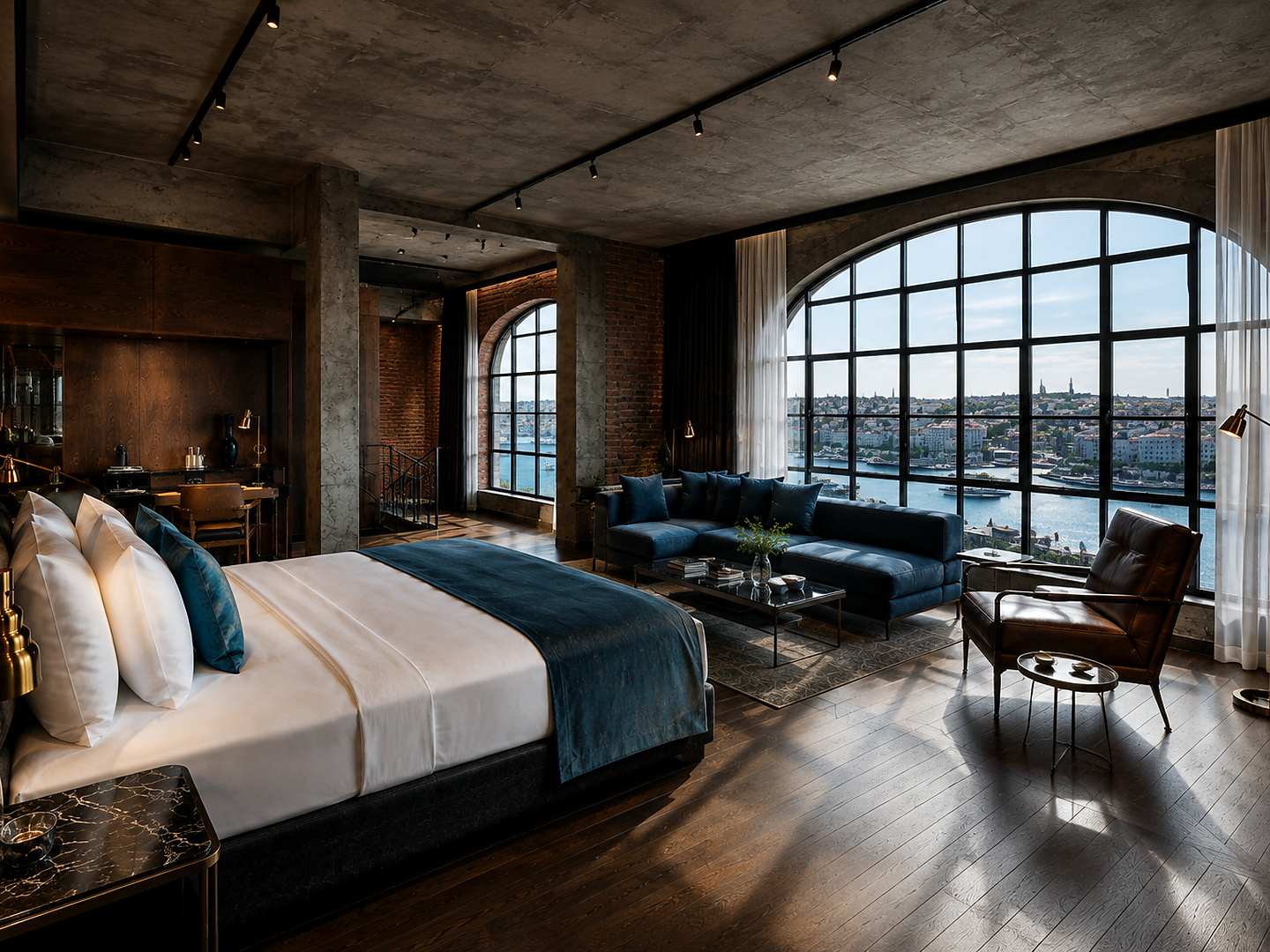 Yüksek siyah çelik pencereden Haliç manzarası alan Deluxe Loft