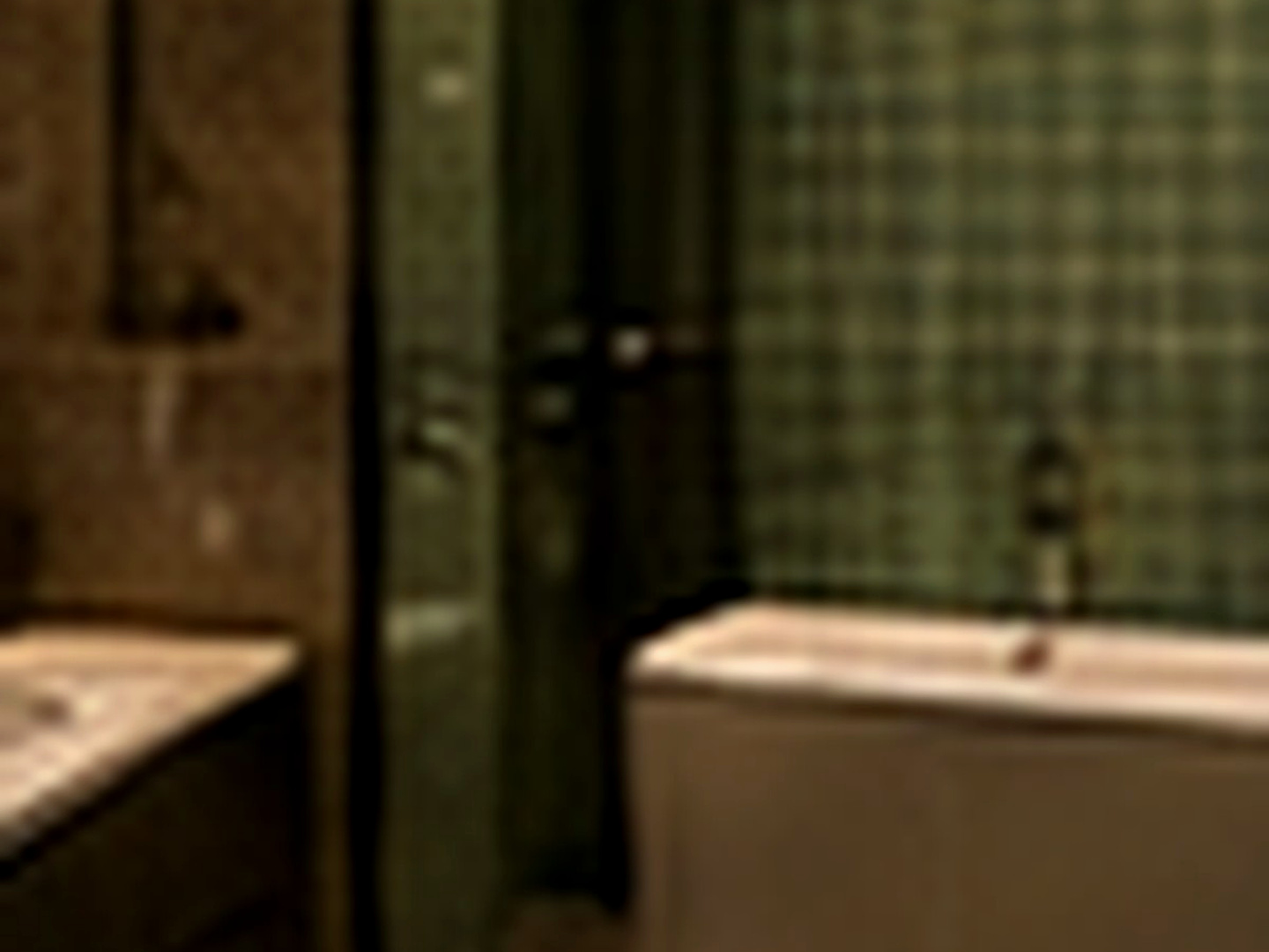 Aile Loft banyosunda küvet, yeşil tonlu karo yüzeyler ve geniş lavabo alanı
