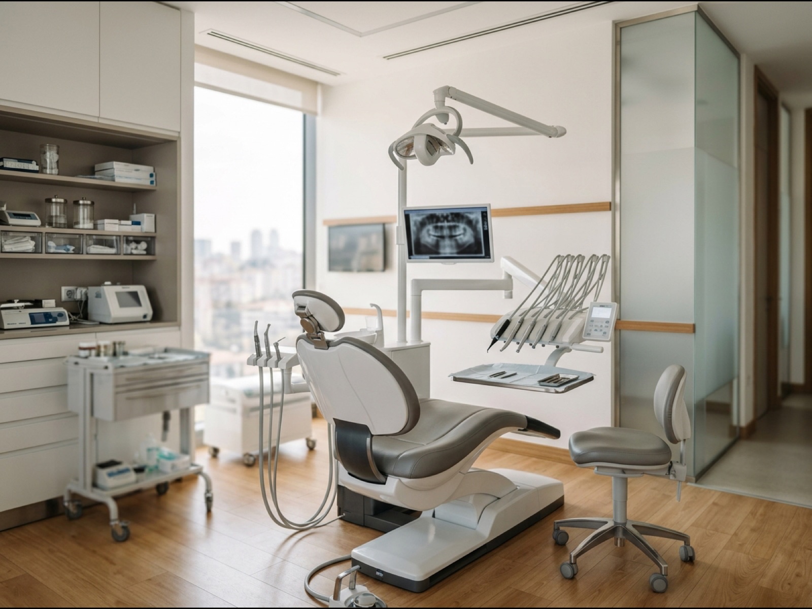 İmplant uygulama gününü anlatan sakin soyut klinik odası