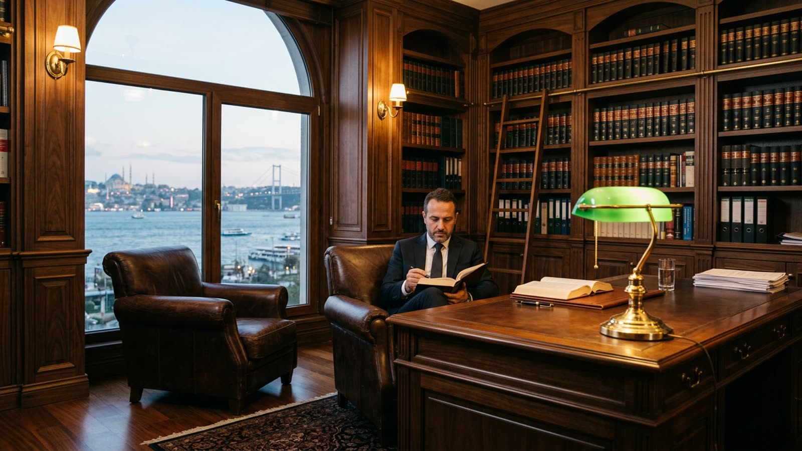 Ceviz çalışma masası ve hukuk kitaplığı bulunan sakin ofis fotoğrafı