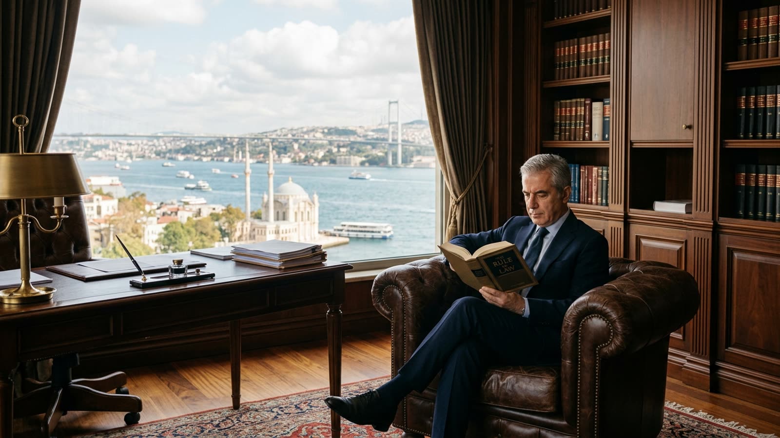 Hukuk dergileri ve masa lambası bulunan sessiz okuma odası fotoğrafı