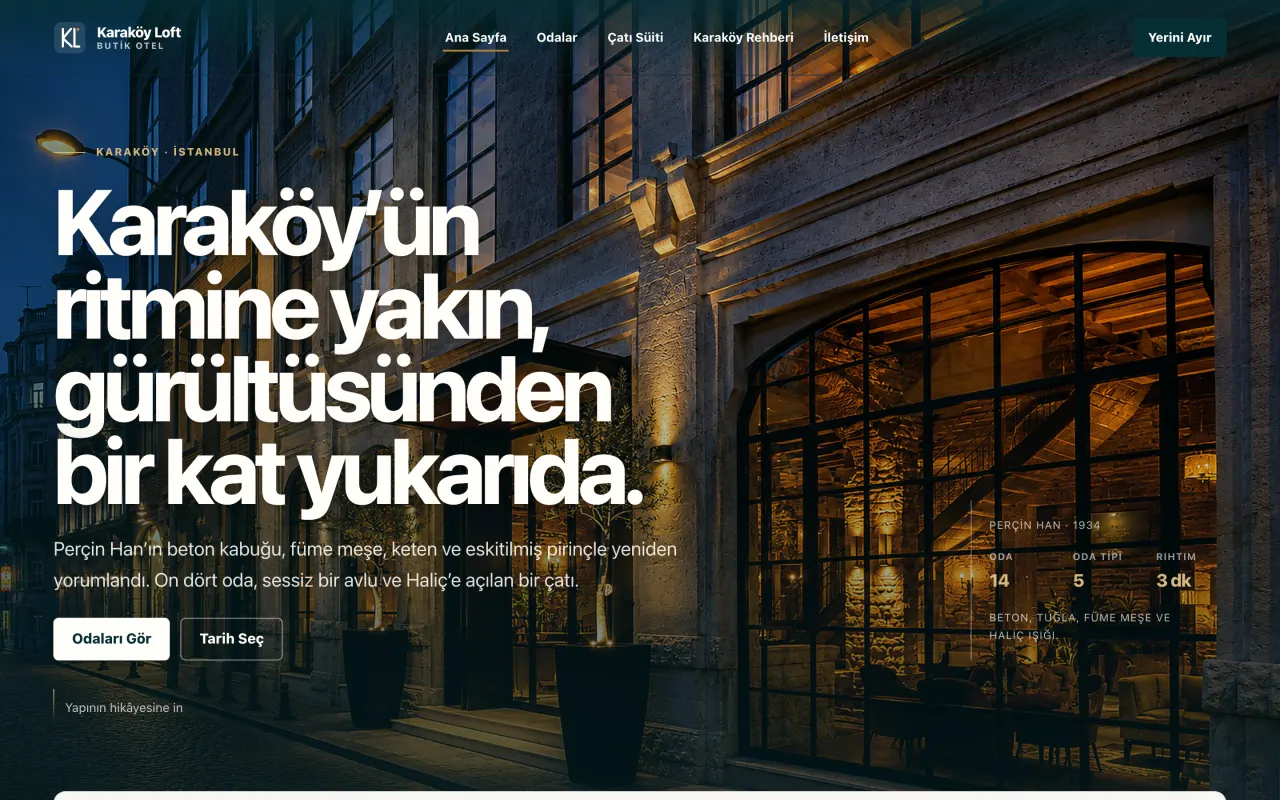 HAN şablonu - Karaköy butik otel; 14 oda, çevre rehberi ve rezervasyon akışı.