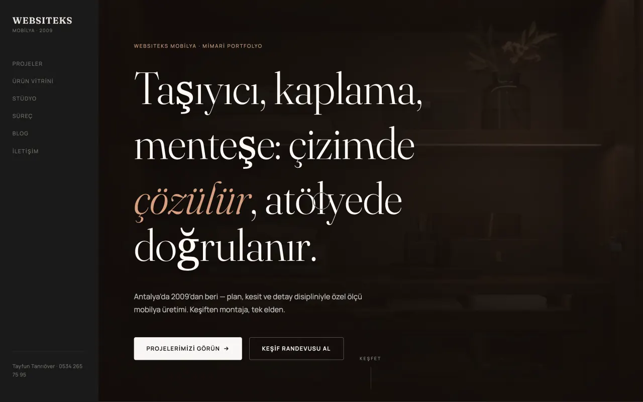 KESİT şablonu - Teknik portfolyo; plan-kesit-detay anlatısı ve döndürülebilir ürün vitrini.