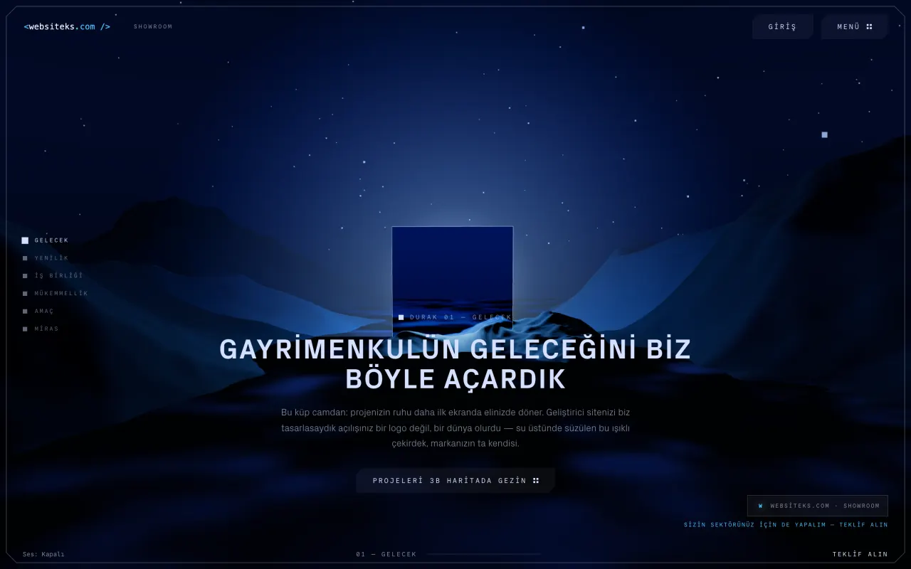 KÜP şablonu - Tarayıcıda gezilebilir cam küp; proje haritası gerçek zamanlı 3B sahnede.