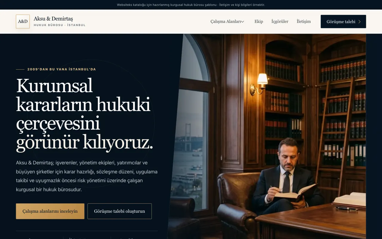 MİZAN şablonu - Lacivert ve altın; sekiz çalışma alanı, ekip ve uzun okuma içgörüleri.