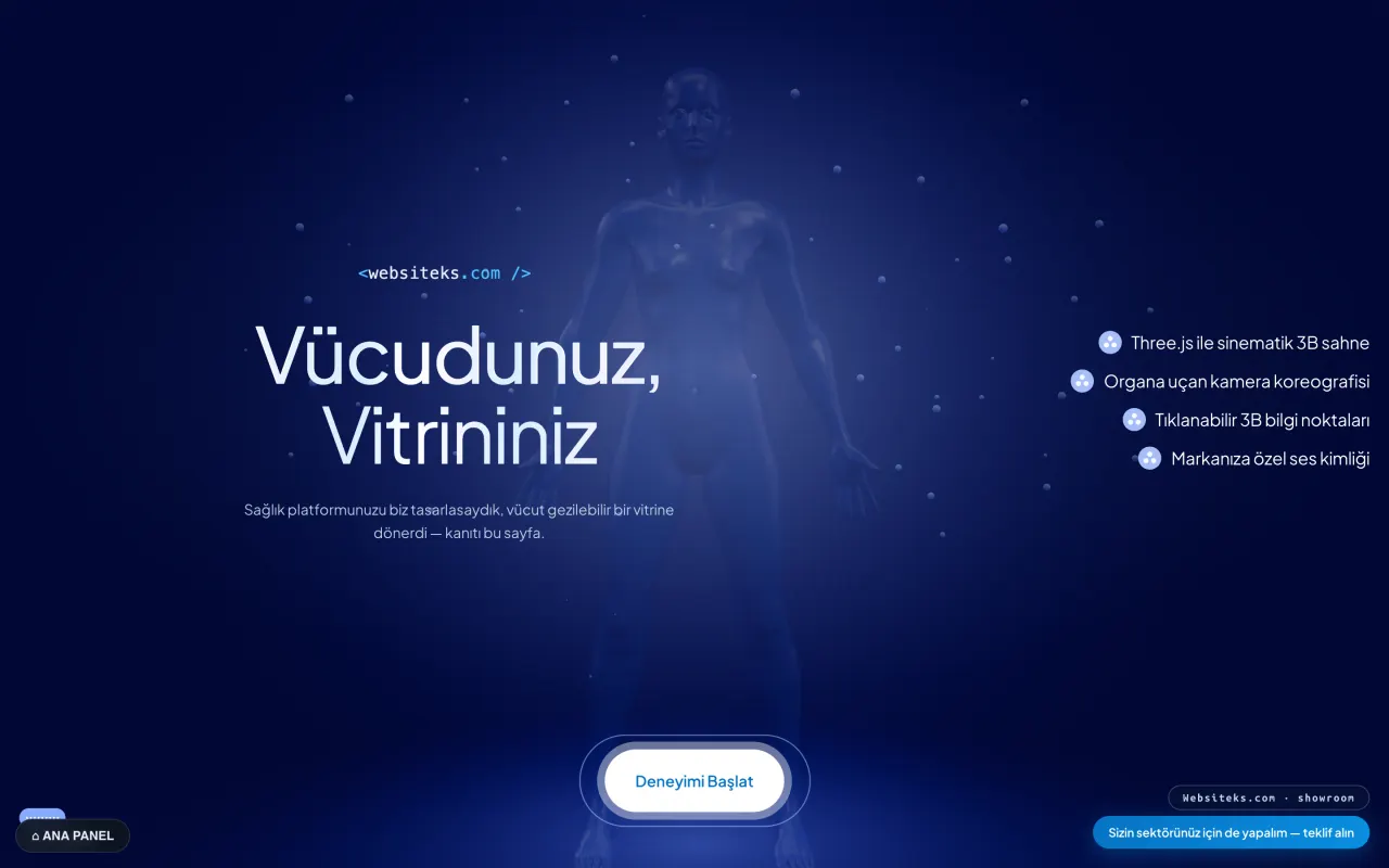 NABIZ şablonu - İnteraktif 3B sağlık deneyimi; veri odaklı klinik anlatı.