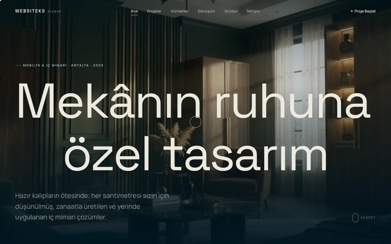PERDE şablonu - Sinematik koyu yüzey; kaydırdıkça açılan film dili.